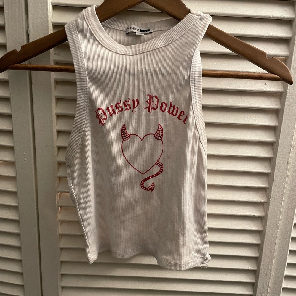 Fashion Nova White Ribbed Tank with Red Graphic